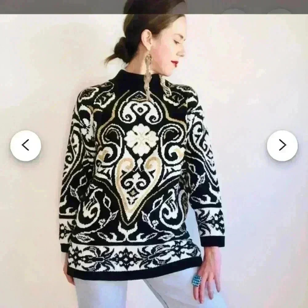80s Vintage Paisley Sweater 90s Gold Black White Metallic Geometric Size M or L